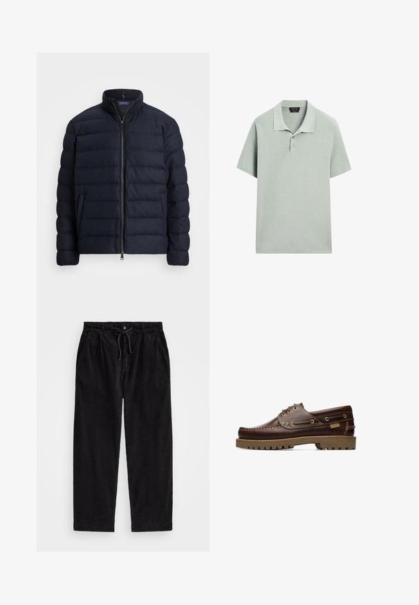 Marinblå pufferjacka med ståkrage, horisontellt quiltat mönster, dragkedja fram och sidofickor. Mjuk textur, lätt material.; Pikétröja i ljusgrön, kortärmad, mjuk textur, krage med tre knappar, minimalistisk design, inga synliga mönster.; Svarta kordflamsbyxor med en avslappnad passform, med ett elastiskt midjeband och dragsko, samt sidofickor. Tyget har en ribbad struktur.; Brun läder seglarsko med snörning, med sömnadsdetaljer och tjock gummisula, sedd från sidan.