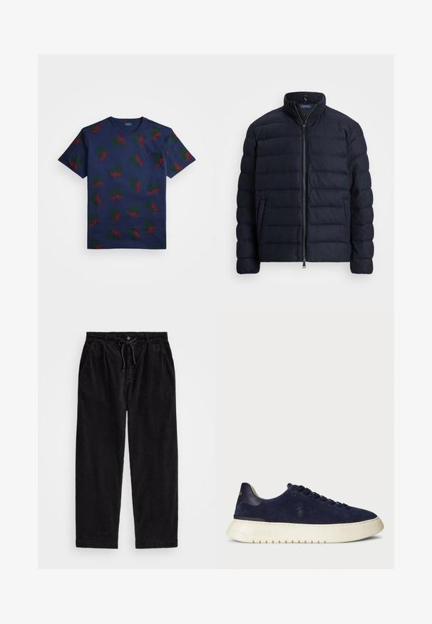 Jūrų laivyno pūkų striukė su stovinčiu apykakle, horizontaliai siūta, priekyje užtrauktukas ir šoniniai kišeniai. Minkštas texture, lengvas audinys.; Tamsiai mėlynas medvilninis marškinėlis su pasikartojančiu raštu, kuriame raudonos ir žalios sparnuotos gamtos detalės. Savinasi apvalų iškirpimą ir trumpas rankoves.; Juodo kanapinio audinio kelnių modelis, turintis laisvą siluetą, su elastingu juosmeniu ir raiščiu, bei šoninėmis kišenėmis. Audinys turi išilginę tekstūrą.; Tamsiai mėlyni jovimo odos žemi sportbačiai su tekstūruotu paviršiumi, guma padais ir tonuotais raišteliais, su mažu logotipu šone ir ant kulno.