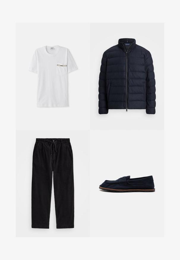 Mornarska puffer jakna z odcvetnim ovratnikom, horizontalnim prešitim dizajnom, sprednjim zadrgo in stranskima žepoma. Mehak tekstil, lahek material.; Bela bombažna majica s kratkimi rokavi, okroglo izrezana in z žepom na levem prsnem delu, ki ima srebrno obrobo z oznako "MOSCHINO".; Črne kord pants z udobnim krojem, ki imajo elastičen pas z vrvico in stranske žepke. Tkanina prikazuje rebrasto teksturo.; Morske platnene čoln čevlji z ravnim podplatom, z všitimi trakovi čez stopalo in rjavimi gumijastimi dodatki na podplatu za oprijem.