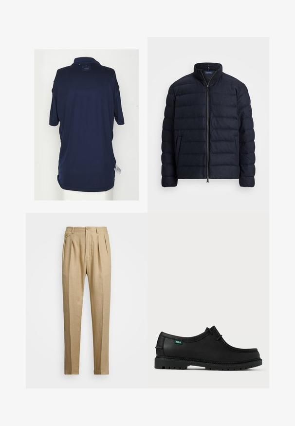 Jūrų laivyno pūkų striukė su stovinčiu apykakle, horizontaliai siūta, priekyje užtrauktukas ir šoniniai kišeniai. Minkštas texture, lengvas audinys.; Tamsiai mėlyna polo marškinėliai su apykakle, trumpomis rankovėmis ir etiketę ant nugaros. Pagaminti iš lygaus, kvėpuojančio audinio su laisvu kirpimu.; Bežinės lininės kelnės tiesaus kirpimo, turinčios dvi priekinės klostes, sagų užsegimą ir šonines kišenes. Tekstūruotas audinys su lygiu paviršiumi.; Juodas odinis batelis su mažu profiliu, apvaliu pirštu ir tekstūruotu padu. Yra žalias "POLO" ženkliukas ir kontrastinga siuvimo juostelė palei kraštą.