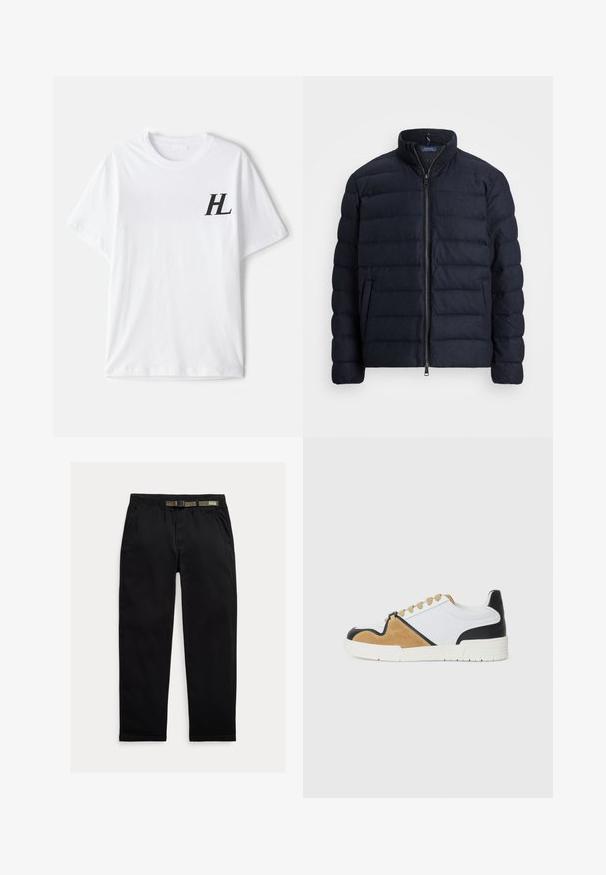 Laivastonsininen puffatakki, jossa on seisomakaulus, vaakasuuntainen tikkaus, edessä vetoketjukiinnitys ja sivutaskut. Pehmeä pinta ja kevyt materiaali.; Valkoinen puuvillapaita, jossa on pyöreä kaula-aukko, lyhyet hihat ja musta "HL" -logo vasemmassa rintakehässä. Pehmeä materiaali, rento malli.; Mustat housut, jotka on valmistettu kevyestä kankaasta. Niissä on joustava vyötärö, johon on integroitu vihreä vyö, suora lahje ja sivutaskut.; Tennarit, jotka on valmistettu valkoisesta kankaasta, jossa on vaaleanruskeaa mokkaa ja mustia nahkaosia. Mallissa on pyöristetty kärki, tasainen nauhoitus ja teksturoitu pohja.
