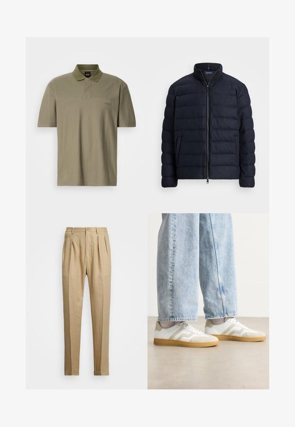Tengerészeti pufi dzseki, álló gallérral, vízszintes tűzött mintával, elöl cipzáras záródással és oldalzsebekkel. Puha tapintás, könnyű anyag.; Olívazöld póló, rövid ujjú, galléros kialakítás, finom textúrával, a bal oldalon egy kicsi hímzett "BOSS" logóval.; Beige vászon nadrág egyenes szabással, két első redővel, gombos záródással és oldalzsebekkel. Tömör textúrájú anyag sima felülettel.; Fehér sportcipő bézs velúr részletekkel és világos gumitalppal; alacsony szárú kialakítással és texturált részletekkel az üstön.