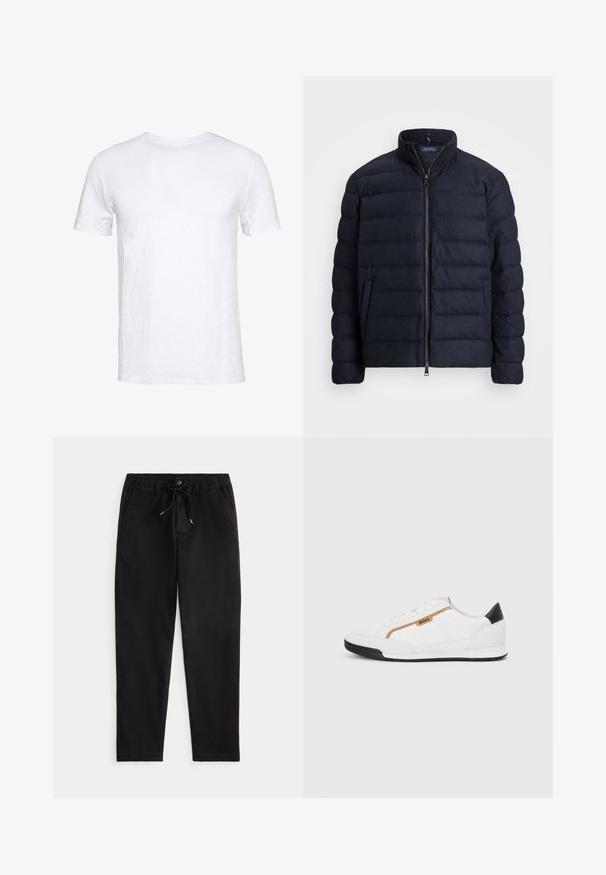 Marineblå puffjakke med ståkrave, horisontalt quiltet design, lynlås lukning foran og sidelommer. Blød tekstur, letvægtsmateriale.; Hvid kortærmet t-shirt lavet af blød bomuld med rund hals, enkel design og lige snit, velegnet til afslappet brug.; Sorte casual bukser med elastisk talje, snorbinding, frontknap og sidelommer, præsenteret på en ensfarvet baggrund.; Hvide atletiske sko med mesh og læderdetaljer. Har et gyldent "BOSS" logo, teksturerede sidepaneler og en sort hælkappe. Gummisål.