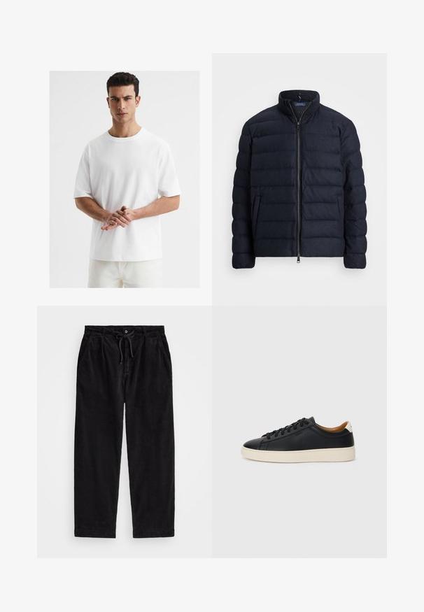 Jachetă puffer de marină cu guler înălțat, design lăcuit pe orizontală, închidere cu fermoar frontal și buzunare laterale. Textură moale, material ușor.; Tricou alb din bumbac, cu guler rotund, mâneci scurte, croială lejeră și textură netedă. Fără modele sau accente vizibile.; Pantaloni negri din catifea cu o croială lejera, având un tiv elastic cu șnur și buzunare laterale. Materialul prezintă o textură ribbed.; Căști din piele neagră cu o textură netedă, talpă din cauciuc bej, design cu șireturi și un accent contrastant la călcâi.