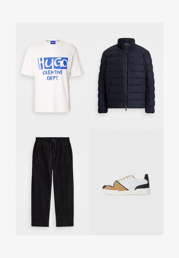 Mornarska puffer jakna z odcvetnim ovratnikom, horizontalnim prešitim dizajnom, sprednjim zadrgo in stranskima žepoma. Mehak tekstil, lahek material.; Bela bombažna majica s kratkimi rokavi, ki na sprednji strani vsebuje modro grafično besedilo "HUGO" in "CREATIVE DEPT.", ter okrogel izrez.; Črne kord pants z udobnim krojem, ki imajo elastičen pas z vrvico in stranske žepke. Tkanina prikazuje rebrasto teksturo.; Tenisice izdelane iz bele tekstila s svetlo rjavim semišem in črnimi usnjenimi detajli, z zaobljenim prstom, ravnim vezalnim dizajnom in teksturirano podplat.