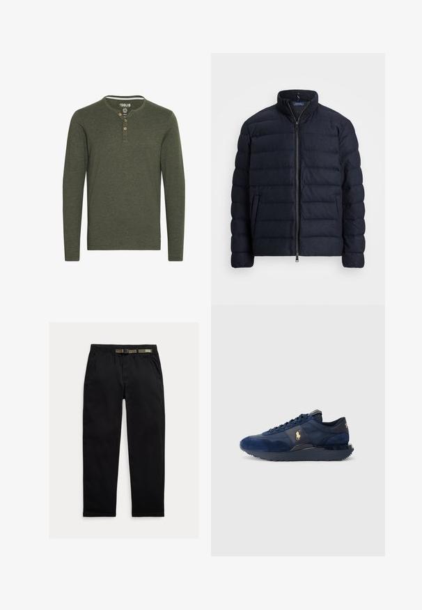 Mornarska puffer jakna z odcvetnim ovratnikom, horizontalnim prešitim dizajnom, sprednjim zadrgo in stranskima žepoma. Mehak tekstil, lahek material.; Solid SDVOLKO - Majica z dolgimi rokavi - olive; Črne hlače iz lahkega blaga, z elastičnim pasom in vgrajenim zeleni pasom, ravne noge in stranskimi žepi.; Temno modri atletski čevlji iz semiša in mrežastega materiala, s gumijastim podplatom, vezalkami in z zlatim logotipom.