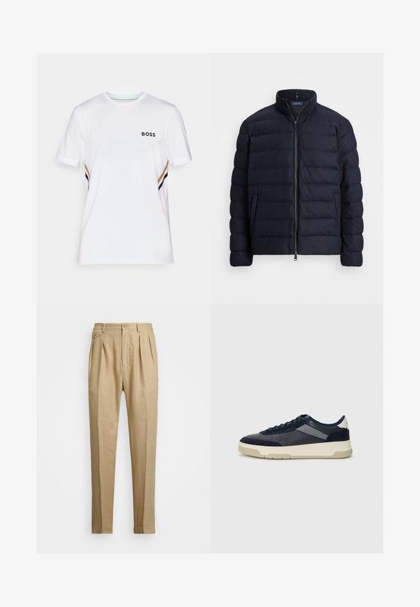 Casaco acolchoado azul-marinho com gola alta, design de costura horizontal, fecho frontal com zíper e bolsos laterais. Textura suave, material leve.; Camiseta atlética branca com um tecido texturizado. Apresenta um logótipo preto "BOSS" e riscas laterais em preto, dourado e branco. Design de gola redonda.; Calças de linho bege com corte reto, apresentando dois plissados frontais, fecho com botão e bolsos laterais. Tecido texturizado com um acabamento suave.; BOSS BALTIMORE - Sapatilhas - open blue