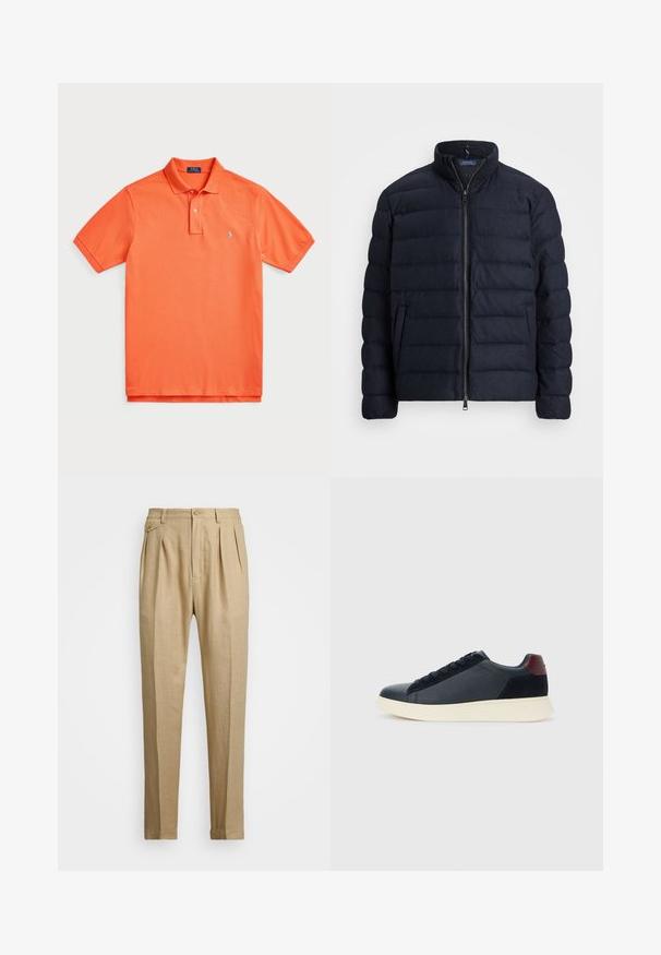 Ναυτικό παλτό με πούπουλα, με σκληρό γιακά, οριζόντια ραφή, μπροστινό φερμουάρ και πλάγιες τσέπες. Μαλακή υφή, ελαφρύ υλικό.; Πολυεστερικό πορτοκαλί πόλο μπλουζάκι από μαλακό ύφασμα, με κλασικό γιακά, τρεις κουμπάκους και μικρό μπλε λογότυπο στο αριστερό στήθος.; Μπεζ λινές παντελόνες με ίσια γραμμή, που διαθέτουν δύο μπροστινές πιέτες, κλείσιμο με κουμπί και πλάγιες τσέπες. Υφασμάτινη επιφάνεια με απαλή υφή.; Ανδρικά παπούτσια sneaker χαμηλού ύψους σε μαύρο δέρμα και σουέτ, με ταμπέλα στη φτέρνα σε μπορντό χρώμα και λευκή καουτσούκ σόλα, προβαλλόμενα από την εξωτερική πλευρά.