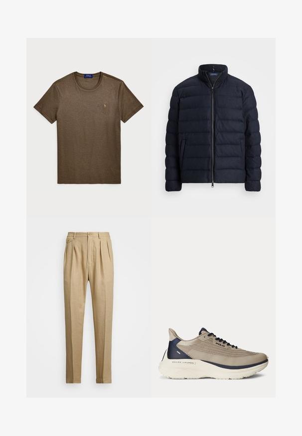 Tengerészeti pufi dzseki, álló gallérral, vízszintes tűzött mintával, elöl cipzáras záródással és oldalzsebekkel. Puha tapintás, könnyű anyag.; Polo Ralph Lauren CUSTOM SLIM FIT SOFT COTTON T-SHIRT - Basic póló - cedar heather; Beige vászon nadrág egyenes szabással, két első redővel, gombos záródással és oldalzsebekkel. Tömör textúrájú anyag sima felülettel.; Beige színű sportcipő texturált hálós felsőrésszel, tengerészkék kiegészítőkkel, vastag fehér talppal és bonyolult dizájn részletekkel. Felszerelve fűzőkkel és logóval ellátott márkázással.
