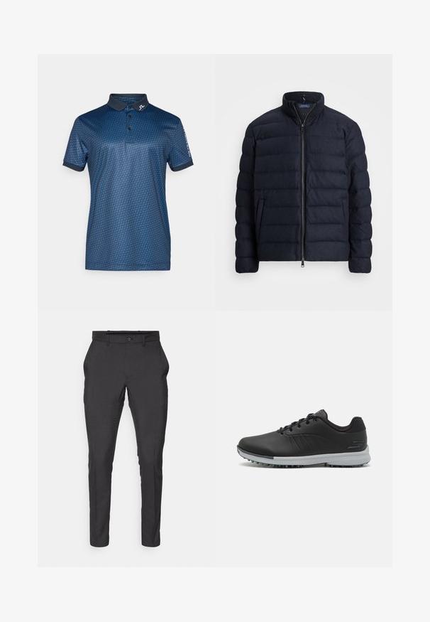 Casaco acolchoado azul-marinho com gola alta, design de costura horizontal, fecho frontal com zíper e bolsos laterais. Textura suave, material leve.; Polo azul-marinho com um padrão geométrico, mangas curtas e colar escuro. Acentuado com um logótipo no colarinho e na manga.; J.LINDEBERG Sports ELOF PANT - Calças - black; Sapatos de golfe sintéticos pretos com uma parte superior texturizada, design com atacadores e uma sola cinza com cravos para melhor tração.