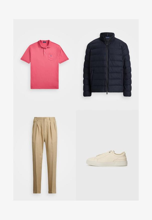 Námořnická prošívaná bunda s vysokým límcem, vodorovným prošívaným designem, zapínáním na předním zipu a bočními kapsami. Jemná textura, lehký materiál.; Polo Ralph Lauren Big & Tall SHORT SLEEVE - Polotričko - adirondack berry; Béžové lněné kalhoty rovného střihu, s dvěma předními sklady, zapínáním na knoflík a bočními kapsami. Strukturovaná tkanina s hladkým povrchem.; Krémové kožené tenisky s kulatou špičkou, minimalistickým designem, jemnými švy a texturovaným svrškem, na světlé podrážce.