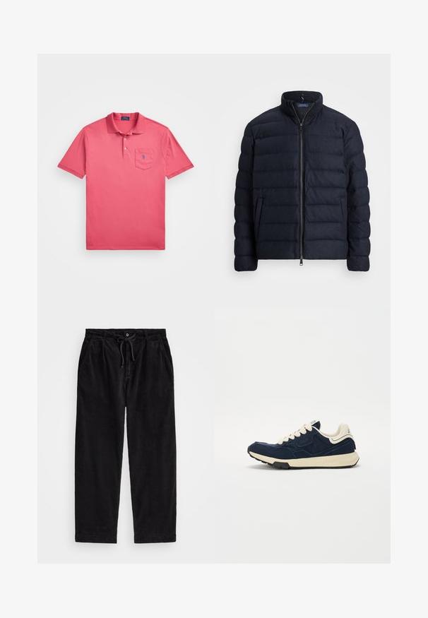 Tumši zils pūkains jaka ar stāvu apkakli, horizontālu kvadrātu dizainu, priekšējo rāvējslēdzi un sānu kabatām. Mīksta tekstūra, viegla materiāla.; Polo Ralph Lauren Big & Tall SHORT SLEEVE - Polo krekls - adirondack berry; Melnas korduroja bikses ar brīvu piegriezumu, ar elastīgu jostu un auklu, kā arī sānu kabatām. Audumam ir ribota tekstūra.; Tumši zili sporta apavi ar teksturētu zamša augšdaļu, krēmkrāsas šņorēm un bēšu vidusdaļu. Iespējo klasisku sporta dizainu un gumijas zoli.