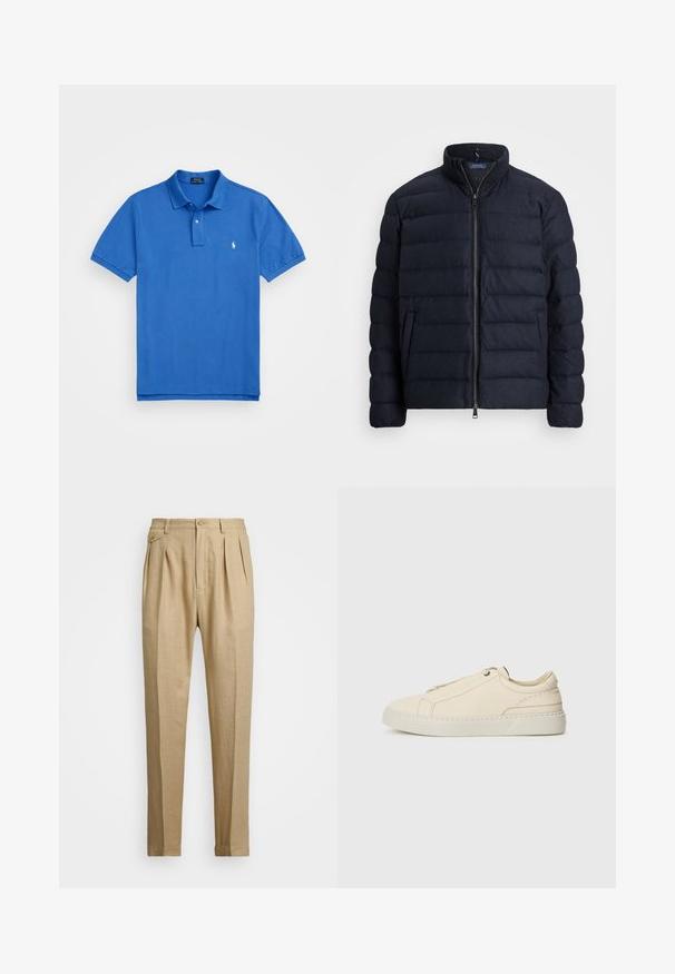 Casaco acolchoado azul-marinho com gola alta, design de costura horizontal, fecho frontal com zíper e bolsos laterais. Textura suave, material leve.; Polo azul em algodão com colarinho clássico e mangas curtas, apresentando um pequeno logotipo bordado no peito.; Calças de linho bege com corte reto, apresentando dois plissados frontais, fecho com botão e bolsos laterais. Tecido texturizado com um acabamento suave.; Sneakers de pele bege com biqueira arredondada, design minimalista, detalhes de costura subtis e parte superior texturizada, em sola clara.