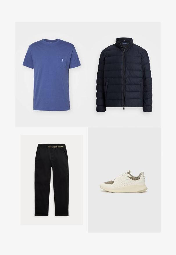 Námornícke prešívané sako so stojatým golierom, horizontálnym prešívaním, predným zipsovým zapínaním a bočnými vreckami. Jemná textúra, ľahký materiál.; Modrá bavlnená tričko s okrúhlym výstrihom, krátkymi rukávmi a prednou vreckom s malým vyšitým logom. Mäkka textúra, jednoduchý dizajn.; Čierne nohavice vyrobené z ľahkej tkaniny, s elastickým pásom integrovaným so zeleným opaskom, rovným strihom nohavíc a bočnými vreckami.; Biele a svetlo béžové športové tenisky s hornou časťou z mriežkového materiálu, perforovanými detailmi a textúrovanou medzipodrážkou s logom na päte.