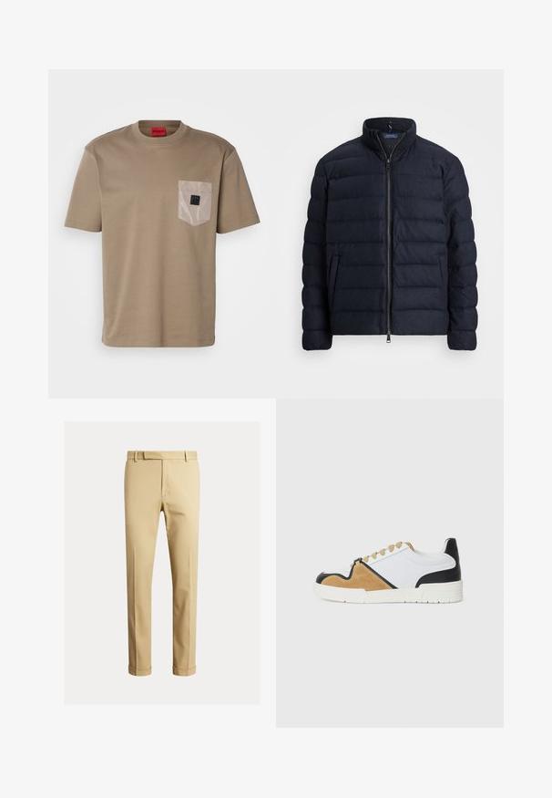 Ναυτικό παλτό με πούπουλα, με σκληρό γιακά, οριζόντια ραφή, μπροστινό φερμουάρ και πλάγιες τσέπες. Μαλακή υφή, ελαφρύ υλικό.; Μπεζ μπλουζάκι από βαμβάκι, με κρεμαστό τσεπάκι σε αντίθεση ανοιχτού χρώματος και μικρό μαύρο λογότυπο στο τσεπάκι.; Καφέ chinos από απαλό βαμβακερό υλικό, με εφαρμοστή σχεδίαση, πτυχώσεις μπροστά και μανίκια στον αστράγαλο για μια πιο στενή εμφάνιση.; Αθλητικά παπούτσια από λευκό ύφασμα με καφέ suede και μαύρα δερμάτινα στοιχεία, διαθέτοντας στρογγυλή μύτη, επίπεδο σχέδιο με κορδόνια και υφασμένη σόλα.