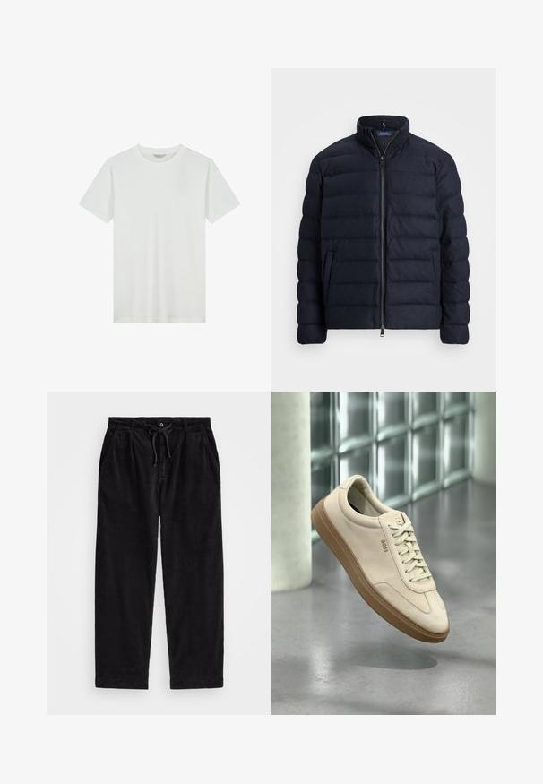 Tengerészeti pufi dzseki, álló gallérral, vízszintes tűzött mintával, elöl cipzáras záródással és oldalzsebekkel. Puha tapintás, könnyű anyag.; Dstrezzed Basic póló - white; Fekete kordbársonyfelső nadrág laza szabással, rugalmas derékpánttal és húzózsinórral, valamint oldalsó zsebekkel. Az anyag bordás textúrájú.; Világos bézs színű velúr tornacipő gumitalppal, hangsúlyos fűzőkkel és finom varrási részletekkel. Tiszta, minimalista dizájn.