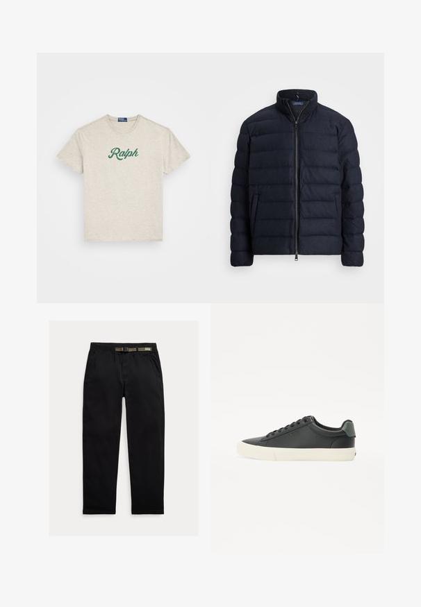 Granatowa kurtka puchowa z stójką, poziomym pikowaniem, zapięciem na zamek błyskawiczny z przodu oraz bocznymi kieszeniami. Miękka tekstura, lekki materiał.; Polo Ralph Lauren - T-shirt z nadrukiem; Czarne spodnie wykonane z lekkiego materiału, z elastycznym paskiem wbudowanym w zielony pas, prostą nogawką oraz bocznymi kieszeniami.; Czarne skórzane sneakersy z fakturowanym wykończeniem, białą gumową podeszwą, okrągłym noskiem i zielonym akcentem na pięcie. Sznurowanie na sześć oczek.