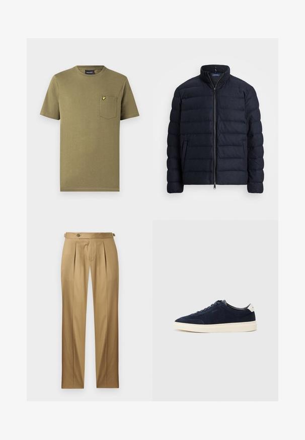 Granatowa kurtka puchowa z stójką, poziomym pikowaniem, zapięciem na zamek błyskawiczny z przodu oraz bocznymi kieszeniami. Miękka tekstura, lekki materiał.; Oliwkowo-zielona bawełniana koszulka z krótkim rękawem, okrągłym dekoltem i kieszenią na piersi z małym żółtym logo. Gładka faktura.; Beżowe spodnie o prostym kroju, z zakładkami, zapięciem na guzik i szlufkami na pasek. Gładka tkanina o czystym, dopasowanym wyglądzie.; Granatowe zamszowe sneakersy z gładkim materiałowym wierzchem, białą gumową podeszwą oraz prostym sznurowanym wzorem. Posiadają małe logo po boku.