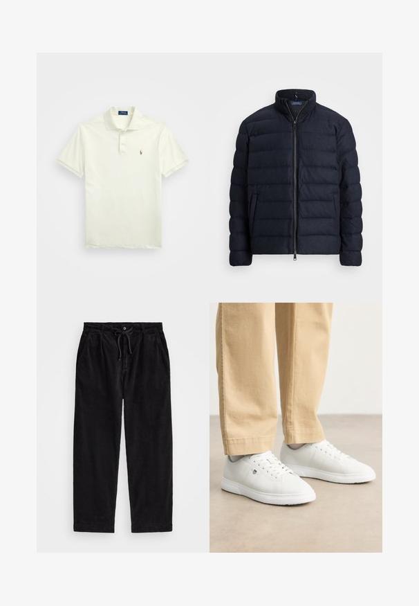 Veste matelassée marine avec un col montant, design matelassé horizontal, fermeture éclair à l'avant et poches latérales. Texture douce, matériau léger.; Polo Ralph Lauren CUSTOM SLIM FIT SOFT COTTON POLO SHIRT - Polo - parchment cream; Pantalons en velours côtelé noir avec une coupe décontractée, dotés d'une taille élastique avec cordon de serrage et de poches latérales. Le tissu présente une texture côtelée.; Baskets en cuir blanc avec une finition lisse, présentant un bout arrondi, un laçage, et un détail de logo subtil sur le côté, associées à un pantalon beige.