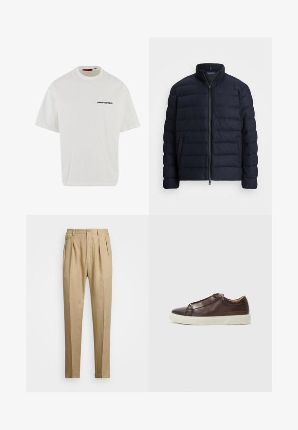 Mornarska puf jakna s uspravnim ovratnikom, horizontalnim kvadratnim dizajnom, zatvaranjem na prednjem dijelu sa sprijeda i bočnim džepovima. Mekana tekstura, lagani materijal.; Bijela pamučna majica s kratkim rukavima i lepršavim krojem. Sadrži natpis "PROHIBIRANO" u debelom crnom fontu preko prsa. Okrugli izrez.; Bež lanene hlače ravnog kroja, s dva prednja nabora, zatvaranjem na gumb i bočnim džepovima. Tekstuirana tkanina s glatkom površinom.; Smeđe kožne tenisice s okruglim vrhom, kontrastnom bijelom gumenom potplatom, prošivenim detaljima i bez vidljivih vezica. Sveukupno glatka tekstura.