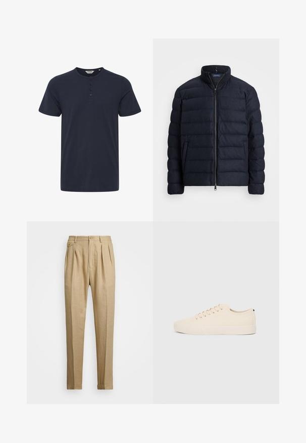 Navy puffer jacket with a stand collar, horizontal quilted design, front zipper closure, and side pockets. Soft texture, lightweight material.; Navy blue short-sleeve t-shirt made of cotton, featuring a crew neckline and three-button placket. Smooth texture with no patterns.; Beige linen trousers with a straight cut, featuring two front pleats, a button closure, and side pockets. Textured fabric with a smooth finish.; Beige canvas sneakers with round toe, flat rubber sole, and lace-up front. Features minimal design and a contrasting black accent at the heel.
