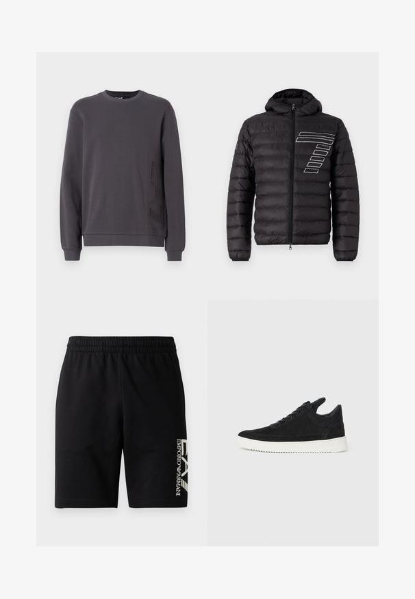 Μαύρο μπουφάν τύπου puffer με κουκούλα, με οριζόντια ραμμένα πάνελ και λευκή ρίγα στο αριστερό στήθος. Κλείσιμο με φερμουάρ μπροστά.; Γκρι φούτερ κατασκευασμένο από μαλακό ύφασμα με στρογγυλή λαιμόκοψη, μακριά μανίκια και ανάγλυφο λογότυπο στη χαμηλή αριστερή πλευρά.; EA7 Emporio Armani TRAIN VISIBILITY  - Σορτς - black/cream; Μαύρο σουέτ αθλητικό παπούτσι με λευκή καουτσούκ σόλα, με τόνο ραφές και σχέδιο με κορδόνια. Λείος υφή με μοντέρνα, αεροδυναμική γραμμή.