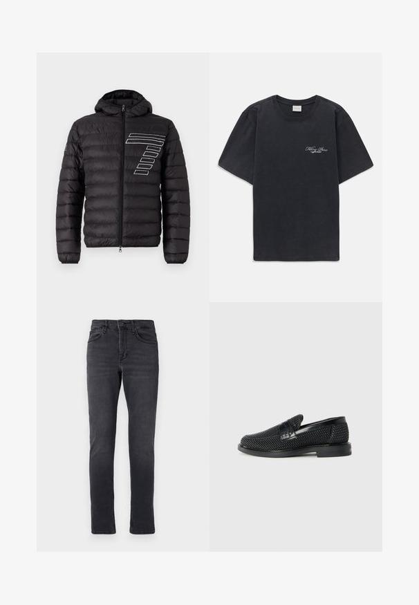 Čierna prešívaná bunda s kapucňou, obsahujúca horizontálne prešívané panely a biely pruhovaný dizajn na ľavej hrudi. Predné zapínanie na zips.; Čierne tričko s krátkym rukávom a okrúhlym výstrihom s malým bielym textovým logom "Filling Pieces" na ľavej hrudi.; Tmavé džínsové nohavice so slim fit strihom, obsahujúce päť vreciek, zapínanie na gombík a jemné švy na páse a lemoch.; Čierne tkané slip-on topánky s hladkým koženým akcentom na vrchnej časti, s okrúlym dizajnom špičky a nízkoprofilovou gumovou podrážkou.