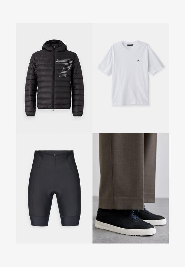 Veste en duvet noire avec capuche, présentant des panneaux matelassés horizontaux et un design à rayures blanches sur la poitrine gauche. Fermeture frontale à zip.; T-shirt en coton blanc avec un col rond et des manches courtes, arbore un petit logo noir sur la poitrine. Texture lisse et coupe décontractée.; Shorts de cyclisme noirs en tissu extensible. Dotés d'une zone de siège rembourrée, d'un design sans couture et d'une coupe ajustée avec des poignets élastiques à l'ourlet.; Baskets en daim noir avec des semelles en caoutchouc blanc, dotées d'un bout arrondi et de lacets, portées avec un pantalon gris sur mesure.