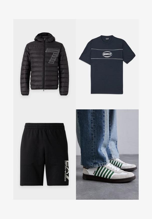 Jachetă puffer neagră cu glugă, cu panouri orizontale matlasate și un design cu dungi albe pe pieptul stâng. Închidere frontală cu fermoar.; Tricou din bumbac de culoare bleumarin, cu mâneci scurte, având un logo alb și dungi pe piept. Gât rotund, croială confortabilă.; EA7 Emporio Armani TRAIN VISIBILITY - Pantaloni scurți - black/cream; Adidași albi și verzi din piele întoarsă și piele, cu striații verzi, șnururi albe și talpă din cauciuc. Stilizați cu blugi albaștri.