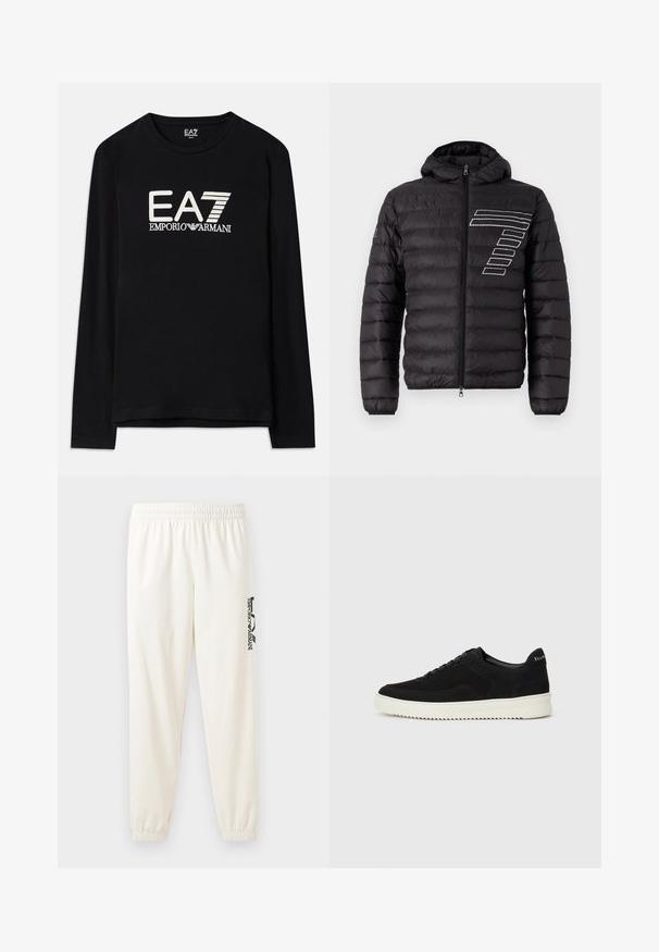 Crna puf jakna s kapuljačom, sa horizontalnim kvadratnim panelima i bijelim prugastim dizajnom na lijevoj strani prsnog dijela. Prednje zatvaranje na zip.; Crna majica dugih rukava s bijelim izvezenim EA7 i Emporio Armani logotipima. Mekana tkanina s okruglim izrezom i ravnim rubom.; Svijetlosmeđi trenirka hlače s elastičnim pojasom i elastičnim manžetama. Sadrži crni ispisani logo na lijevoj nozi. Mekana tekstura tkanine.; Crne nubuk tenisice s vezanjem i kontrastnom bijelom gumenom potplatom. Imaju teksturirane bočne panele i suptilno brendiranje na peti.