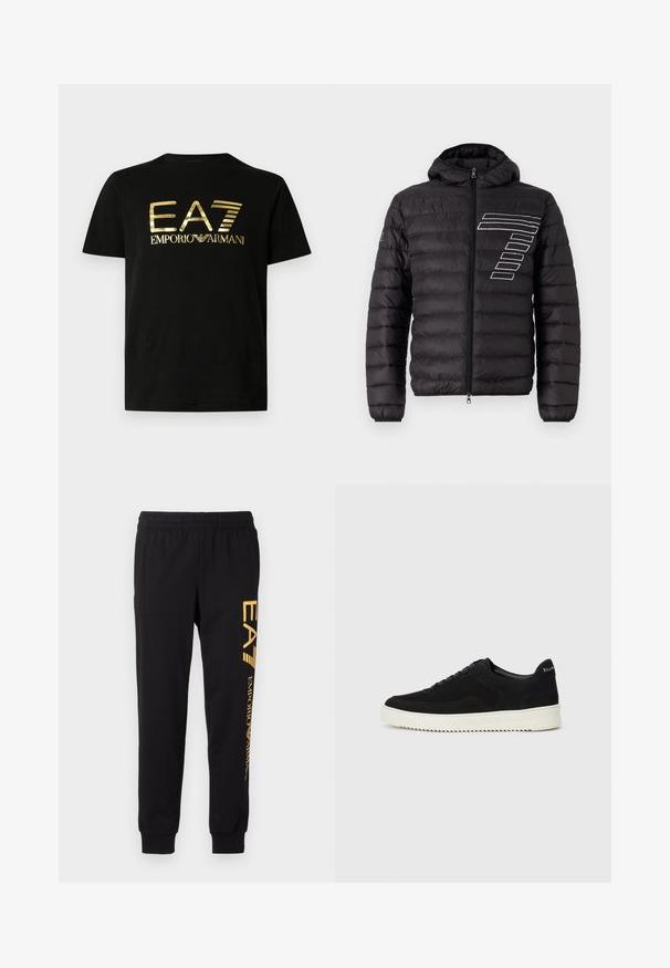 Black puffer jacket with a hood, featuring horizontal quilted panels and a white striped design on the left chest. Zipper front closure.; Black cotton t-shirt featuring a glossy gold print of "EA7" and "emporio armani" across the front in a bold, modern font. Short sleeves.; Black sweatpants made of soft fabric, featuring an elastic waistband and cuffed ankles. Yellow branding printed vertically on the left leg.; Black suede sneaker with lace-up design and contrasting white rubber sole. Features textured side panels and subtle branding on the heel.