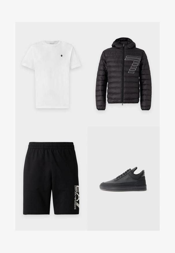 Crna puf jakna s kapuljačom, sa horizontalnim kvadratnim panelima i bijelim prugastim dizajnom na lijevoj strani prsnog dijela. Prednje zatvaranje na zip.; Bijela pamučna majica kratkih rukava s okruglim izrezom i malim crnim logom na lijevoj strani prsnog koša. Glatka tekstura, klasičan kroj.; EA7 Emporio Armani TRAIN VISIBILITY - Kratke hlače - black/cream; Crne kožne tenisice s teksturiranom površinom, s vezicama, niskog su kroja i sivoj gumenoj potplati koja ima rebrasti rub.