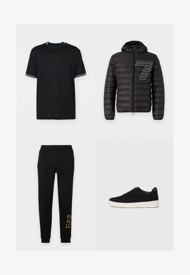 Črn puhasti jopič s kapuco, z vodoravnimi prešitimi paneli in belimi črtami na levem prsnem delu. Zadrga na sprednji strani.; Črna kratka majica s kratkimi rokavi in okroglim izrezom, ki vključuje večbarvne črtaste detajle na ovratniku in rokavih. Mehka tekstura blaga.; Črne trenirke z raztegljivim krojem, z zlatim grafičnim motivom na spodnjem delu noge in elastičnim pasom za udobje.; Črni semiš teniški copati z vezalkami in kontrastnim belim gumijastim podplatom. Imajo teksturirane stranske panele in subtilno oznako na peti.