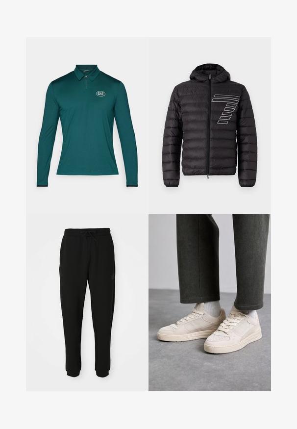 Svart pufferjakke med hette, med horisontale quiltede paneler og et hvitt stripemønster på venstre bryst. Glidelås foran.; Mørkegrønn langermet polo-skjorte med et diskret teksturmønster, halv glidlås-krage, og et sirkulært logo på venstre bryst.; Svart tapered joggebukser med elastisk midje og snor, sidelommer og mansjetterte ankler, forfra.; Beige sneakers laget av semsket skinn og mesh, med perforerte detaljer, flate snørebånd og en tykk såle. Brukt med grønne cordbukser.