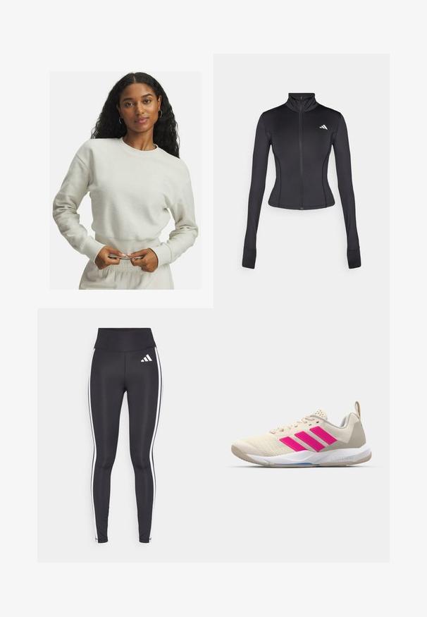 Sort tætsiddende zip-jakke lavet af strækbart stof, med lange ærmer, høj krave og et lille logo på venstre bryst.; Kremfarvet, tekstureret sweatshirt med ribbede manchetter og talje, der har en lille broderet detalje på brystet. Casual, afslappet pasform.; Sorte leggings med høj talje, med hvide sidestriber og et lille hvidt logo på den øverste venstre lår. Fremstillet af glat, strækbart materiale.; Beige sportsko med pink tre-stribede logo, tekstureret mesh overdel, polstret krave og hvid gummisål, med "LIGHTSTRIKE" branding.