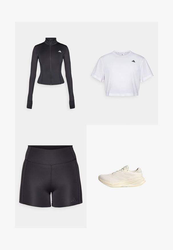 Sort tætsiddende zip-jakke lavet af strækbart stof, med lange ærmer, høj krave og et lille logo på venstre bryst.; Hvid crop top lavet af blødt stof, med korte ærmer og rund halsudskæring. Sort logo på venstre bryst.; Sorte atletiske shorts lavet af strækbart materiale, med en høj talje, flade sømme og et diskret Adidas-logo i det nederste hjørne.; Lys beige atletisk sko med overdel i net, flade snørebånd og en polstret sål. Har et design med tre striber på den laterale side.