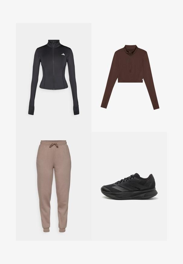 Schwarze, enganliegende Zip-Jacke aus dehnbarem Material, mit langen Ärmeln, Stehkragen und kleinem Logo auf der linken Brust.; Brauner, langärmeliger Cropped-Top mit einem Stehkragen und einem Viertel-Reißverschluss. Glatte Textur mit flachen Nähten, geeignet für Aktivkleidung.; ONLY Play ONPLOUNGE LIFE REG NOOS - Jogginghose - walnut; Schwarzer Laufschuh mit einem atmungsaktiven Mesh-Obermaterial, runder Zehenpartie, schlankem Design, strukturierten Akzenten und einer gepolsterten Sohle für Komfort.