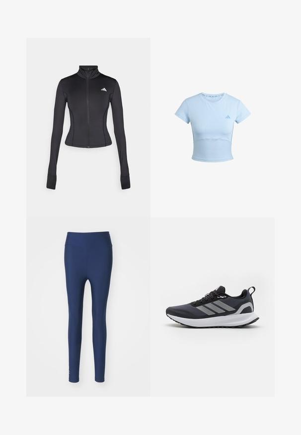 Chaqueta negra ajustada con cremallera hecha de tejido elástico, con mangas largas, cuello alto y un pequeño logo en el lado izquierdo del pecho.; Camiseta deportiva corta de color azul claro con mangas cortas, sección inferior acanalada y un logo sutil en el pecho. Textura suave, diseño ajustado.; Leggings azul marino hechos de una tela elástica con una cinturilla alta y una textura suave. Presentan un pequeño detalle de logo cerca del tobillo.; Zapatilla deportiva negra con parte superior de malla, entresuela blanca, suela de goma texturizada y tres rayas grises en el lateral. Presenta cordones y una tira de agarre.