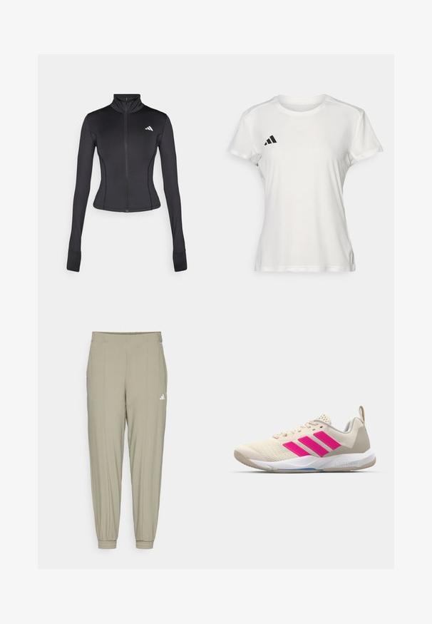 Must värviga, kehaümaraks lõigatud, lukuga jakk, mis on valmistatud venivast kangast. Jakil on pikad varrukad, püsti krae ja väike logo vasakul rinnal.; Valge sportlik t-särk niiskust eemal hoidvast kangast. Lühikesed varrukad, ümar kaelus, must logo ja kolme triibu embleem vasakul rinnal.; adidas Performance AEROREADY ESSENTIALS MINIMAL BRANDING WOVEN - Dresside alumine osa - silver pebble; Beige spordijalanõud roosa kolme triibu logoga, tekstureeritud võrkkangas peal, polsterdatud sääreosa ja valge kummist tallaga, kus on "LIGHTSTRIKE" bränd.
