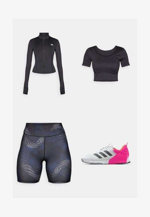 Čierna priliehavá bundová s kapucňou, vyrobená z elastického materiálu, s dlhými rukávmi, stojatým golierom a malým logom na ľavom hrudníku.; Čierny rebrovaný krátky top s krátkymi rukávmi, širokým okrúhlym výstrihom a fitted pásom na dne. Mäkká textúra, ležérny dizajn.; Vysoké čierne šortky vyrobené z elastickej tkaniny s vlnovým modrým a strieborným vzorom. Hladká textúra s kontrastným švom.; Biele športové topánky so sivými pruhmi, sieťovinovým zvrškom a ružovou pätou a akcentmi. Obsahujú textúrovanú pätu a gumovú podrážku. Šnúrky a vypolstrovaný golier.