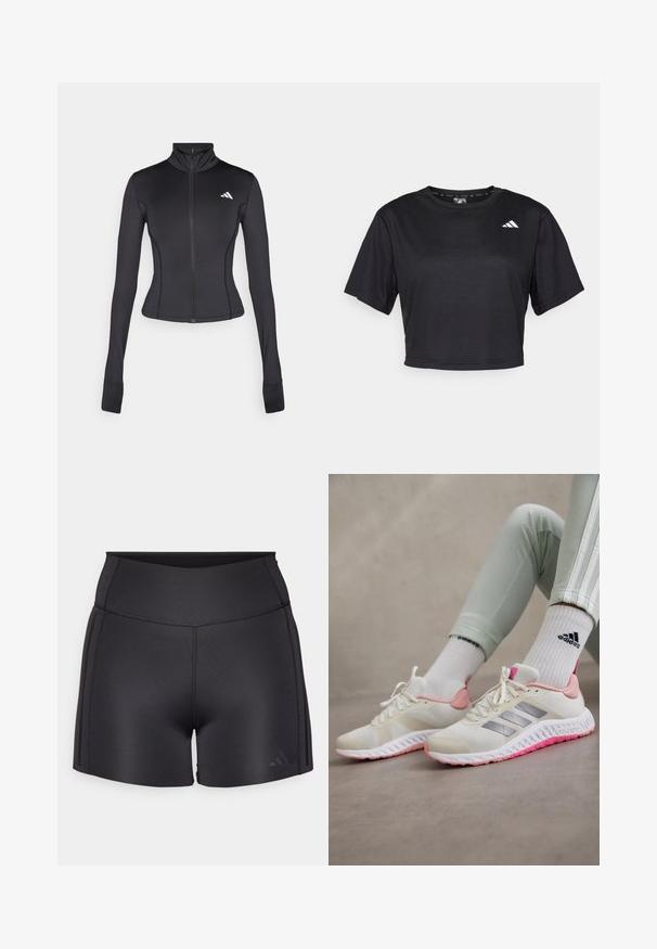 Giacca nera aderente con zip, realizzata in tessuto elastico, con maniche lunghe, colletto alto e un piccolo logo sul lato sinistro del petto.; T-shirt cropped nera in tessuto morbido. Caratterizzata da maniche corte, scollo rotondo e un piccolo logo bianco sul lato sinistro davanti.; Pantaloni atletici neri realizzati in materiale elastico, con una vita alta, cuciture piatte e un logo Adidas discreto nell'angolo inferiore.; Sneaker bianchi con accenti rosa chiaro e strisce laterali argentate. Superficie in tessuto testurizzato con suola in gomma dotata di un battistrada rosa.