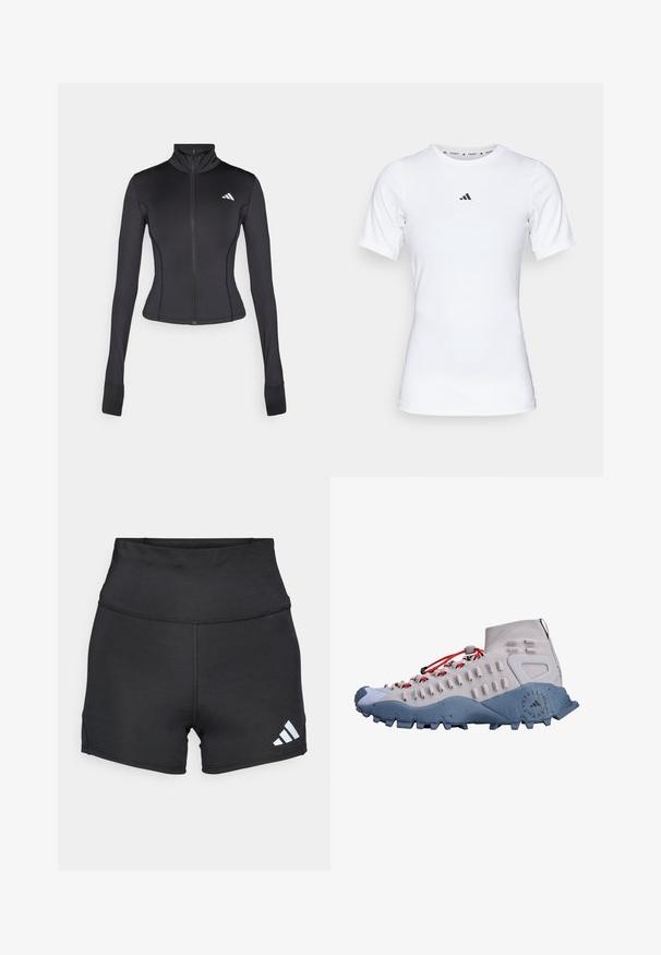 Giacca nera aderente con zip, realizzata in tessuto elastico, con maniche lunghe, colletto alto e un piccolo logo sul lato sinistro del petto.; Maglietta sportiva bianca a maniche corte, realizzata in tessuto liscio e elasticizzato. Presenta un piccolo logo Adidas nero sul petto.; adidas Performance Leggings - black; Scarpa da trekking alta grigia chiara con lacci rossi, pannello laterale testurizzato, suola in gomma blu e tacchetti antiscivolo per aderenza.