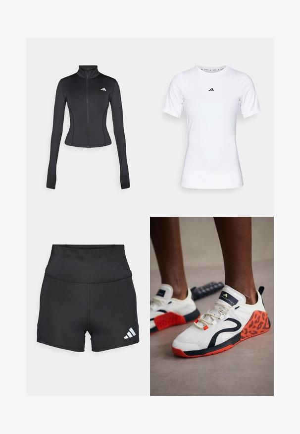 Juodas prigludęs zip-up švarkas, pagamintas iš tamprios medžiagos, su ilgomis rankovėmis, stovinčiu apykakle ir mažo logotipo kairėje krūtinės pusėje.; Balta sportinė maikutė trumpomis rankovėmis, pagaminta iš lygaus, elastingo audinio. Ant krūtinės yra mažas juodas Adidas logotipas.; adidas Performance Tamprės - black; Baltos sportinės bateliai su juodu ir oranžiniu leopardų raštu. Yra tekstūruotas audinys viršuje, guminis padas ir nėrimo sistema.