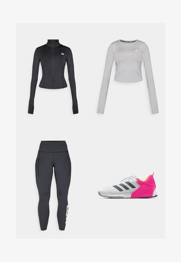Črna prilegajoča se zip-up jakna iz raztegljivega materiala, z dolgimi rokavi, pokončnim ovratnikom in majhnim logotipom na levem prsnem košu.; Sivi dolgotrajni top s kratkimi rokavi iz gladkega materiala, z okroglo izrezom in subtilnim logotipom na levi strani prsnega koša.; Črne športne leggins hlače z visokim pasom, ki imajo dva stranska žepa in bele grafične detajle na spodnjem levem delu noge. Gladka, raztegljiva tkanina.; Bela športna čevelj z sivo črtami, mrežasto zgornjim delom in rožnato peto ter dodatki. Ima teksturirano peto in gumijastim podplatom. Čipke in oblazinjen ovratnik.
