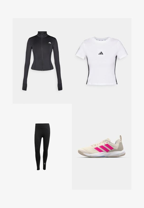 Svart tettsittende jakke med glidelås laget av elastisk stoff, med lange ermer, stående krage og en liten logo på venstre bryst.; Hvit kortermet t-skjorte laget av bomull, med en svart Adidas-logo i et kvadratisk merke og svarte sidelister. Klassisk rund hals.; Kvinnelige svarte leggings laget av stretchy stoff, med høy midjebånd og sømløst design med en sirkulær bakpanel og logodetalj.; Beige atletik sko med rosa tre-stripes logo, teksturert mesh-overdel, polstret krage og hvit gummisåle, med "LIGHTSTRIKE" merke.