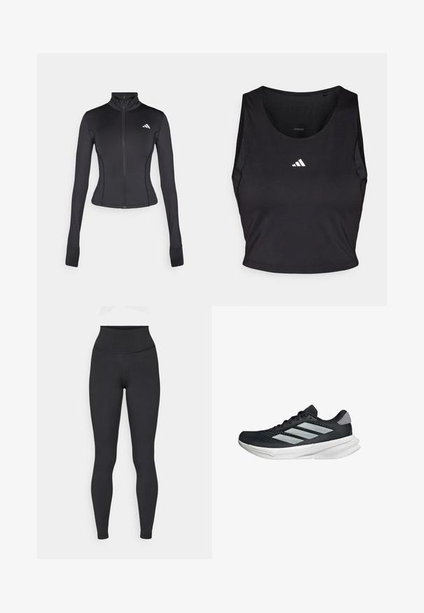 Zwarte aansluitende zip-up jas van rekbare stof, met lange mouwen, een staande kraag en een klein logo op de linkerborst.; Zwarte sportcrop top gemaakt van vochtregulerende stof, met een ronde hals, mouwloos ontwerp en wit logo op de borst.; High-waisted zwarte leggings van rekbaar materiaal, met een gladde textuur en een aansluitend ontwerp, zonder zichtbare logo's of patronen.; Zwarte hardloopschoen met een mesh bovenzijde, drie zilveren strepen, witte middenzool en een gestructureerde loopzool. Heeft een gevoerde kraag en een vetersluiting.
