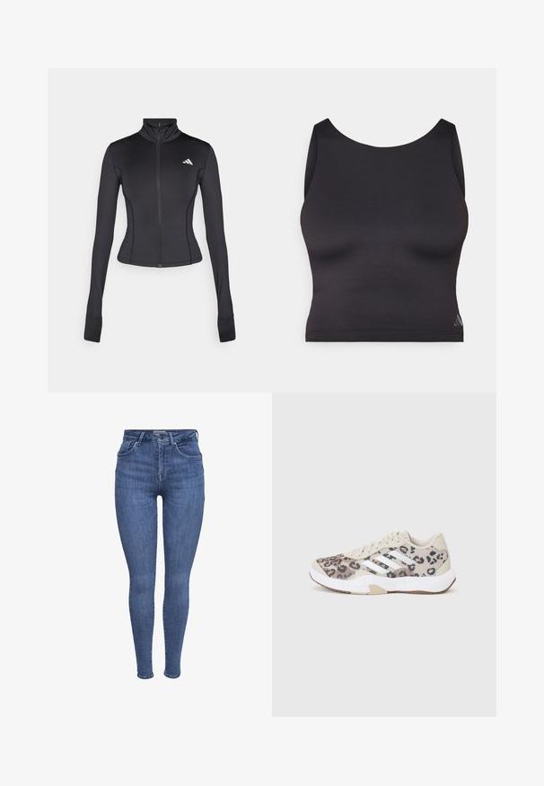 Black fitted zip-up jacket made of stretchy fabric, featuring long sleeves, a stand-up collar, and a small logo on the left chest.; Black athletic crop top made of smooth, stretch fabric with a round neckline and sleeveless design. Features subtle logo detail.; Blue high-waist skinny jeans with front pockets, button, zipper closure, and belt loops, displayed on a white background.; Beige athletic shoe with leopard print, white stripes, and textured upper. Features a cushioned sole and rubber outsole for grip.