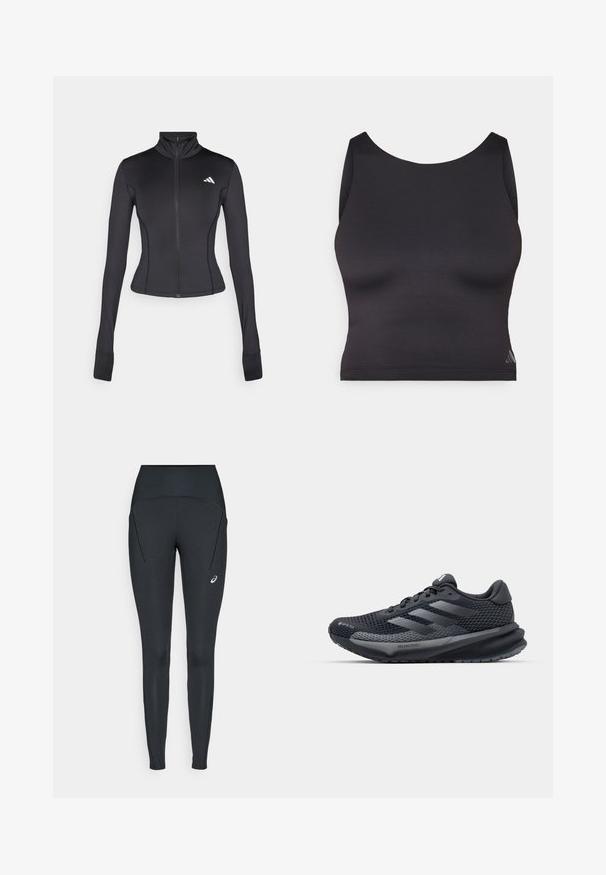 Giacca nera aderente con zip, realizzata in tessuto elastico, con maniche lunghe, colletto alto e un piccolo logo sul lato sinistro del petto.; Top sportivo nero a maniche corte realizzato in tessuto liscio ed elastico, con scollatura rotonda. Presenta un discreto dettaglio del logo.; Leggings sportivi neri con vita alta, texture liscia e tasche laterali; include un piccolo logo sulla gamba sinistra.; Scarpa da ginnastica nera con parte superiore in rete testurizzata, dettagli riflettenti, suola ammortizzata e design affusolato. Presenta il logo a tre strisce.