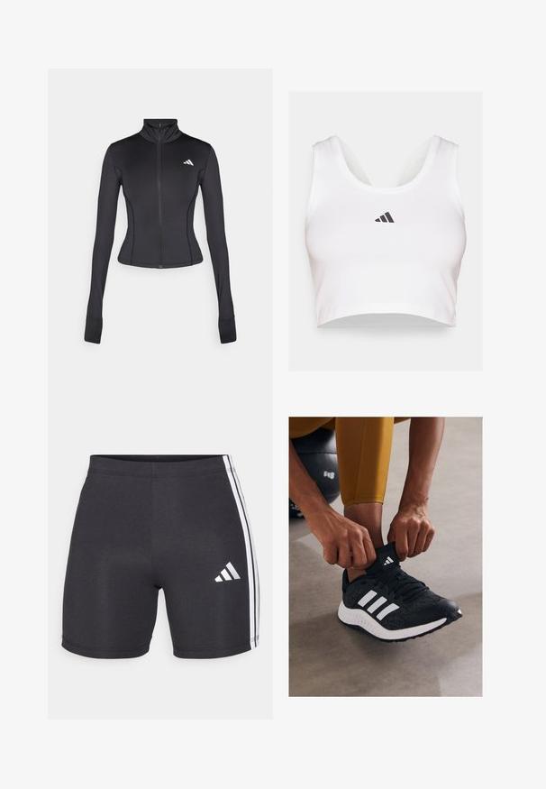 Jachetă neagră, ajustată, cu fermoar, dintr-un material elastic, având mâneci lungi, guler în picioare și un mic logo pe partea stângă a pieptului.; Top alb cropp din material moale, cu decolteu rotund și logo-ul Adidas negru pe față. Textură netedă, design fără mâneci.; Șorturi atletice negre dintr-un material elastic, cu dungi albe pe laterale și un logo Adidas pe piciorul din dreapta jos. Textură netedă.; Pantof pentru atletism de culoare neagră cu dungi albe, superior texturat și talpă din cauciuc. O persoană își ajustează gulerul sosetelor în timp ce stă pe o suprafață gri.