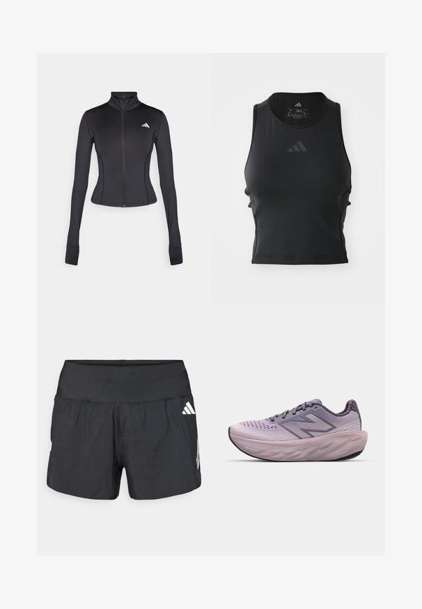Chaqueta negra ajustada con cremallera hecha de tejido elástico, con mangas largas, cuello alto y un pequeño logo en el lado izquierdo del pecho.; Top fitness negro corto, hecho de una tela suave y elástica; cuenta con un escote redondo y un pequeño logo reflectante en la parte delantera.; Pantalones cortos deportivos negros con una amplia cintura elástica, tela ligera y detalles de logo blancos en el lateral inferior.; Zapatilla de correr morada con parte superior de textil transpirable, cuello acolchado, entresuela con gruesa amortiguación y suela exterior de goma texturizada.